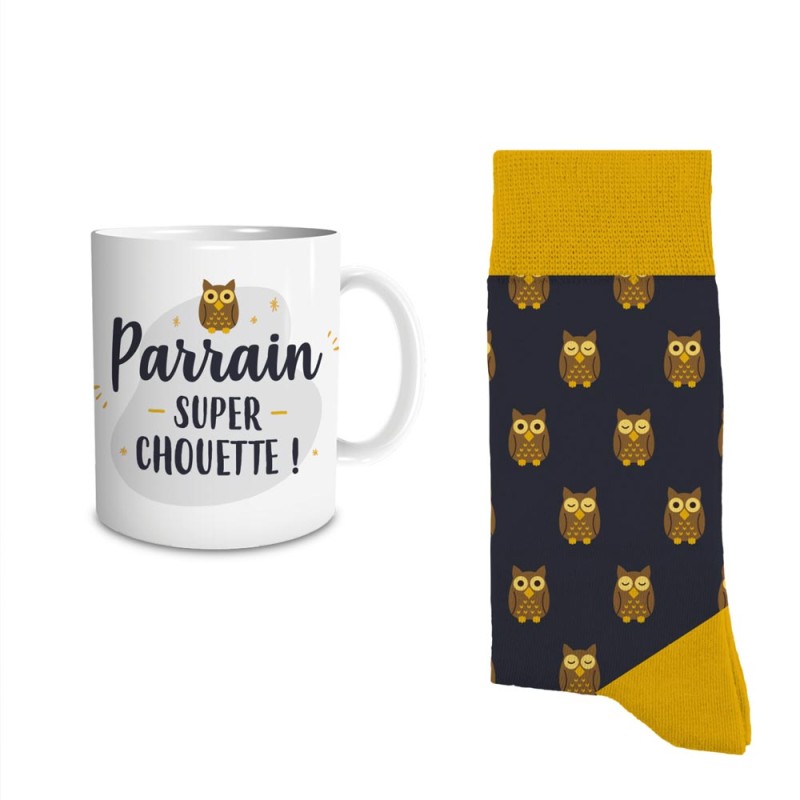 COFFRET MUG CHAUSSETTES "PARRAIN SUPER CHOUETTE"